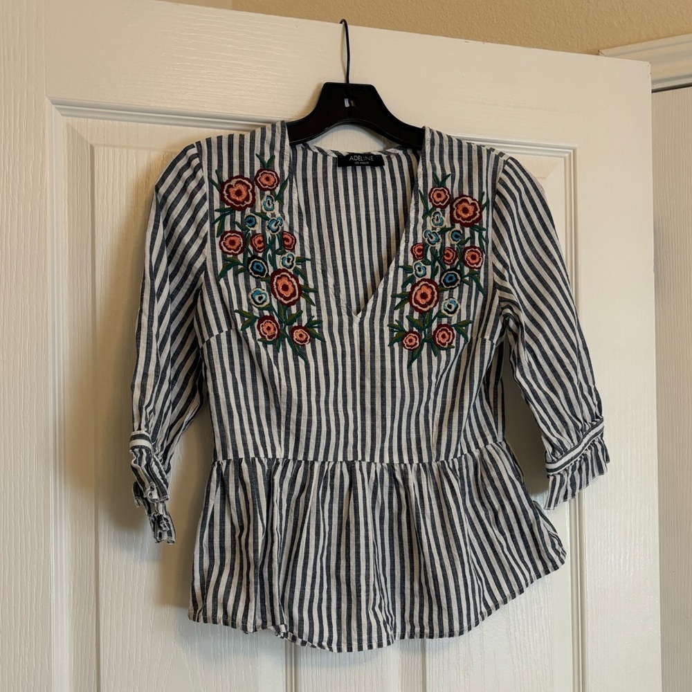 ADELINE Blue and White Striped Blouse with Floral Embroidery - Picture 3 of 12